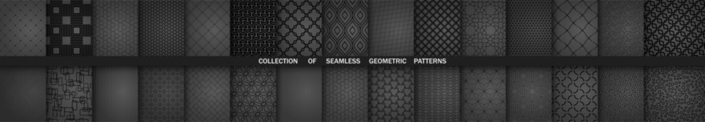 Set of geometric seamless patterns. Collection of geometric vector abstract ornament. Set of dark modern backgrounds with repeating elements
