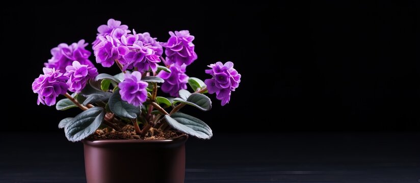 African violets in mini pots with selective focus set against a dark backdrop