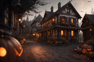 Old house and the street in the night at Halloween holiday.