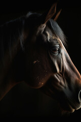 Horse head portrait, low light, moody and dark. Generative AI