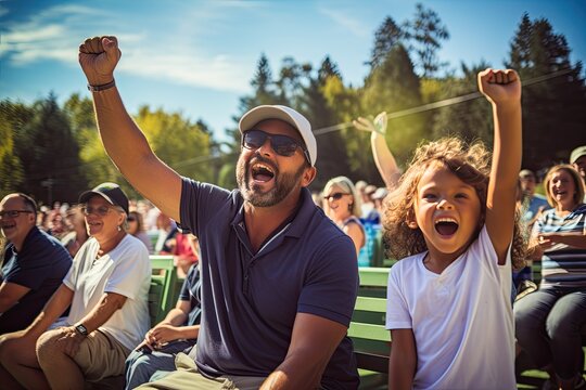 Family cheering on team at outdoor sporting event. Smiling parents, children, and friends holding hands and laughing together.