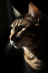 Cat head portrait, low light, moody and dark. Generative AI