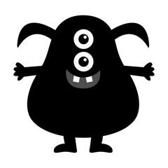 Happy Halloween. Kawaii monster. Cute smiling face head with horns, teeth. Black silhouette monsters. Cartoon funny kids boo baby character. T-shirt design. Flat design. White background.