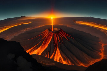 Fototapeta premium It is an active volcano with a dark night, amazing trees, and a dark sun surrounding green.