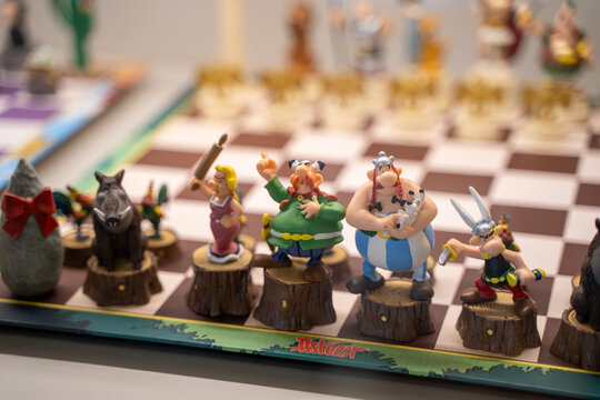 Asterix chess set. Chess set at Gokyay Foundation Chess Museum. Ankara, Turkey - September 21, 2023.