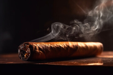Cuban cigar with smoke, close up view with details, atmospheric light and background. generative AI - 659587845