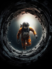 Astronaut walking through space cave,created with Generative AI tecnology.