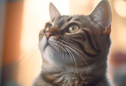 Bokeh portrait of a cat in the background of sunshine. AI.