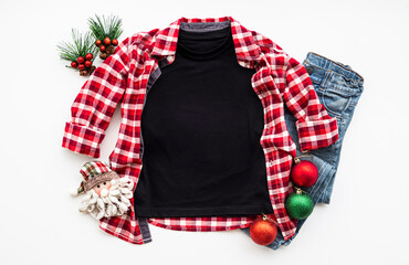 Blank Black Toddler Tshirt Mockup. Christmass t shirt flat lay,  top view. Xmas Copy space. Mockup- Shirt Digital File with winter decor, red shirt

