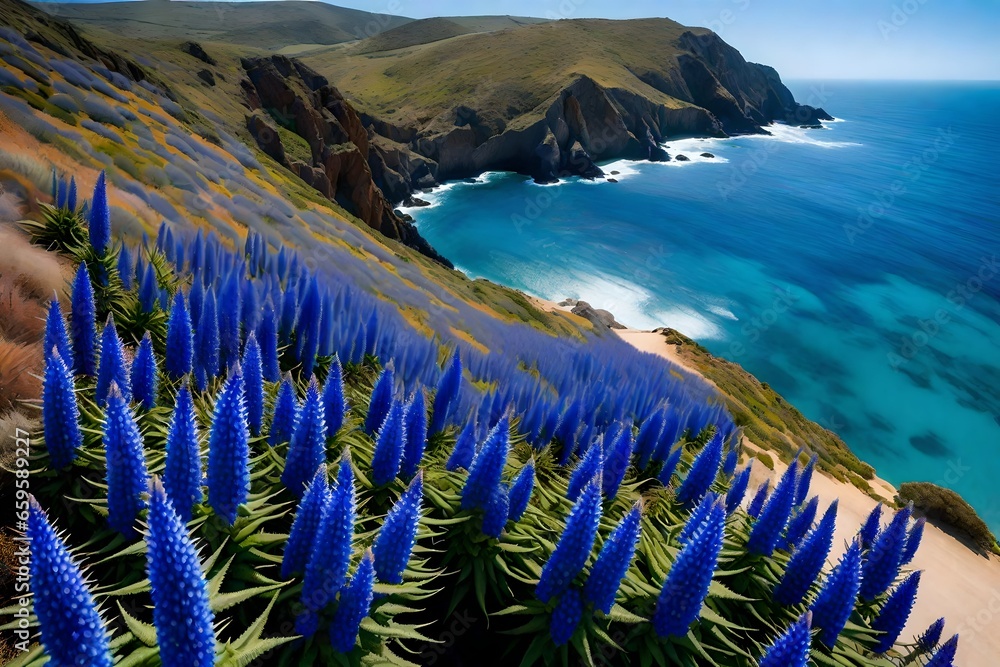Wall mural Pride of Madeira flowering drought tolerant plant in full bloom. Echium candicans. California invasive plant. Blurred ocean water and coastline on horizon - Wall murals
