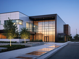 Sleek and minimalistic modern office building, characterized by clean lines and a sophisticated exterior design.