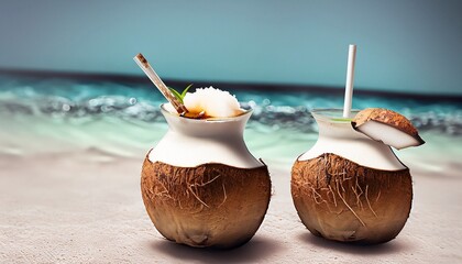 coconut cocktail on the beach - obrazy, fototapety, plakaty