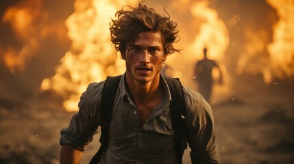  An Israeli man walking cautiously in front of a raging fire, seeking safety from a possible explosion