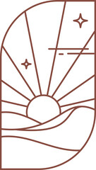 Desert boho logo with mountain and sun landscape. Bohemian valley. Abstract aesthetic design. Arc with aurora. Outline travel graphic decoration