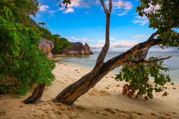 Anse Source D'argent beach at the La Digue Island, Seychelles, with Indian Ocean and amazing granite rock formations.