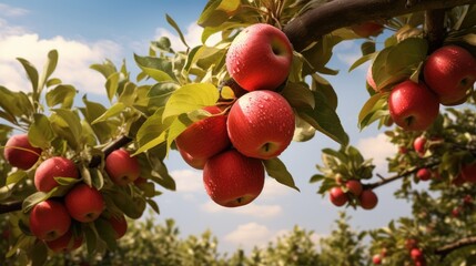 Celebrate the harvest season with a visual of plump red apples on the tree, epitomizing the essence of farm-fresh goodness