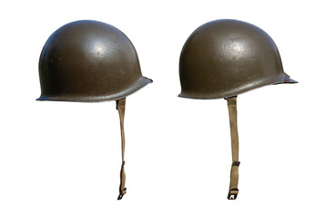 Vintage World War II United States army helmet at different angles isolated on white