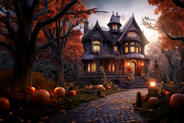 Halloween. Illustration of horror house in the woods. Moon, bats and curved pumpkins. Ai