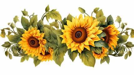 A sun-kissed garden design element made of blooming sunflowers, fresh green leaves, and ripe tomatoes, isolated over a transparent background, embodying a warm, summer afternoon