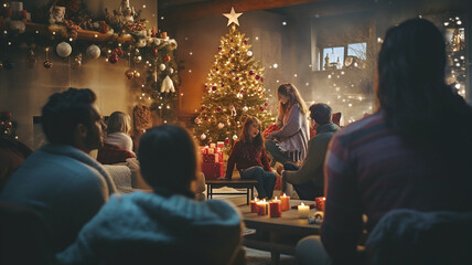 A cozy Christmas night living room with a decorated Christmas tree, and a family sitting around, opening presents.