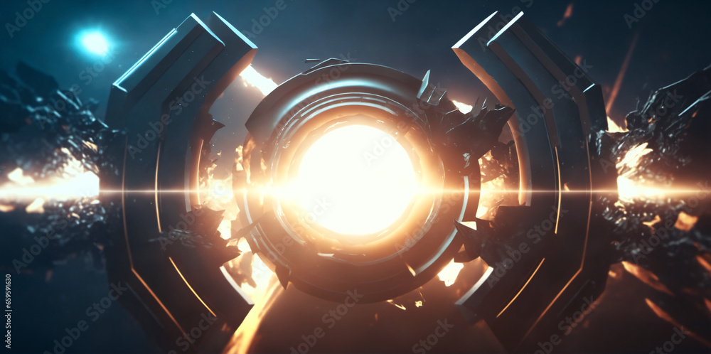 Poster futuristic core emitting brilliant light: sci-fi power source with epic flares and mesmerizing parti