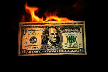 Burning banknote on a dark background. The concept of destroying money.