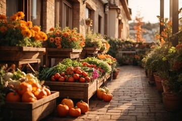 Fototapeta na wymiar Boxes of tomatoes, herbs, pumpkins and vegetables in a beautiful large terrace with flowers. Autumn, harvest, comfort, home concepts