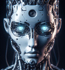 A close up of a robot's head with glowing eyes, intricate transhuman, AI generated - obrazy, fototapety, plakaty