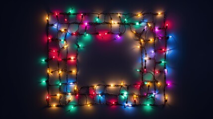 Fototapeta na wymiar captivating image with a square shape formed by sparkling Christmas lights against a dark background. Perfect for a New Year's flat lay background