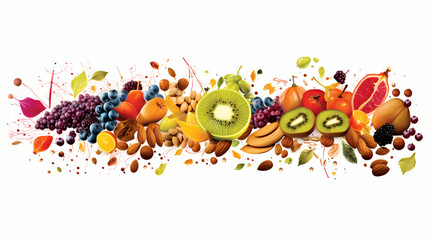 A whimsical diet-centric design element composed of colorful fruits, nuts, and seeds, isolated over a transparent background, symbolizing healthy eating and nutrition