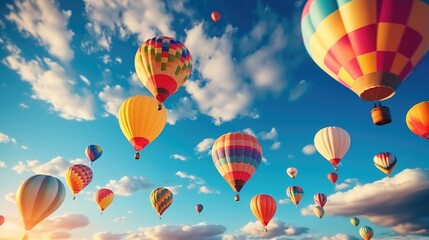 Obraz premium Colorful hot air balloon festival, Balloons ascending into a sky.