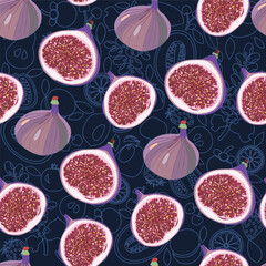 Hand drawn seamless pattern with fresh  delicious figs whole and half on dark background. Can use for pattern, template, banner, posters, invitation and greeting card. - 659592676