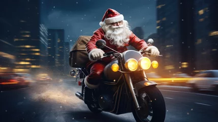 Foto op Plexiglas dynamic visual of Santa Claus on a motorcycle, blending the magic of Christmas with the thrill of the ride. Picture Santa as he speeds through the city, delivering holiday chee © pvl0707