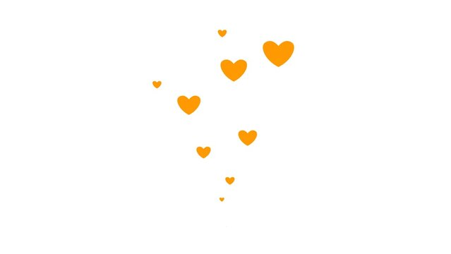 Animated orange hearts fly from bottom to top. Concept of love, passion. Fountain from hearts isolated on white background.