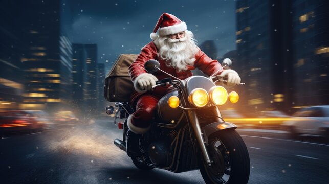 dynamic visual of Santa Claus on a motorcycle, blending the magic of Christmas with the thrill of the ride. Picture Santa as he speeds through the city, delivering holiday chee