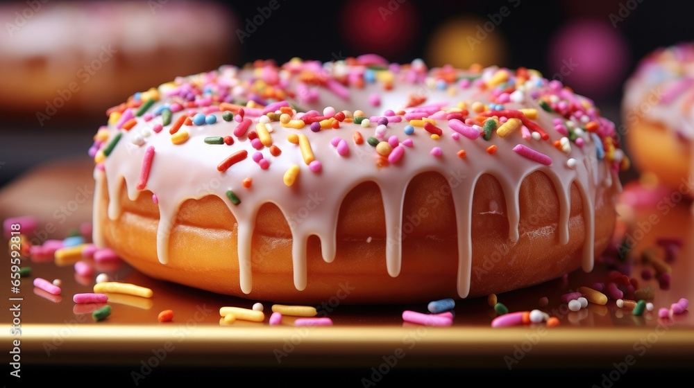 Poster A delicious doughnut is sitting in a box covered in sprinkles and icing.