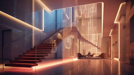 High-Ceilinged Hallway Enhanced by Artistic Lighting and Floating Staircases.