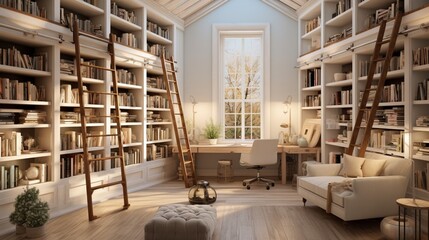 Immerse yourself in knowledge in a study with floor-to-ceiling bookshelves and a convenient ladder.