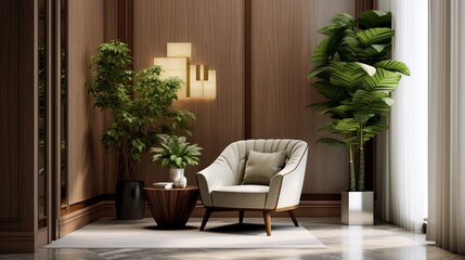 Fototapeta na wymiar In a hall adorned with wood cladding and white marble flooring, a modern beige armchair, small wooden table, green bush planter, and tall glass chandelier create a stylish ensemble.