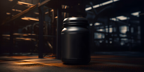 Nutritional supplements. protein jar at the gym. Package. Dark shades. 