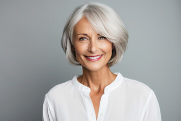 Portrait of happy beautiful gorgeous 50s mid elderly tanned modern woman with bob haircut in white blouse on light gray background - obrazy, fototapety, plakaty