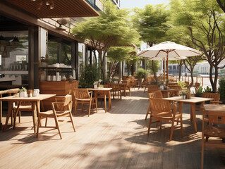 "A tranquil outdoor cafe with a charming atmosphere, surrounded by nature's beauty and tranquility."