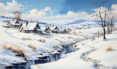 Winter landscape of a snow-covered village during the day.