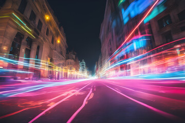 Fototapeta na wymiar Blurred neon lights background. Neon city lights in motion blur style. Futuristic night backdrop.