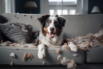 Mischievous dog on a destroyed sofa