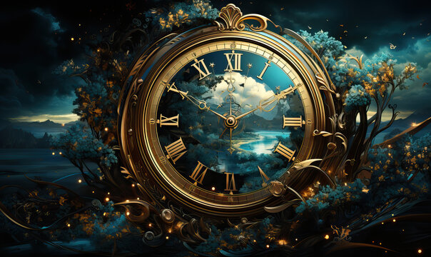 Abstract painting, clock in a natural landscape.