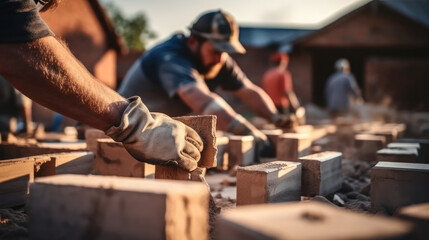 Closeup of bricklayer hands laying brick wall at building site. - obrazy, fototapety, plakaty