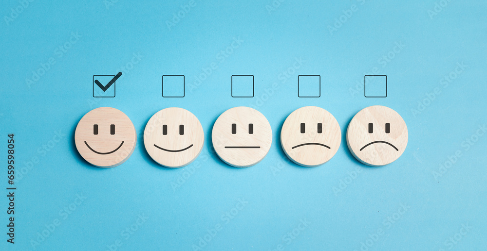 Poster customer satisfaction service concept. satisfaction rating with smiling face wooden block. satisfact