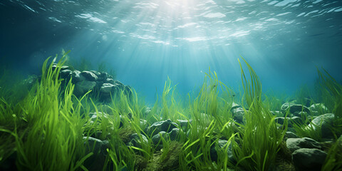 A photo of a seaweed field with a blue fish in the background ,sky, water, blue, nature, sun, light, reef ,generative AI
