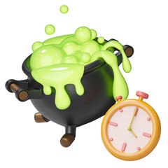 3D Halloween elements. Witch cauldron pot with magical bubbling green potion was overflowing and Stopwatch. Special discounts time, Flash sale concept. Cartoon festival icon. 3d rendering illustration